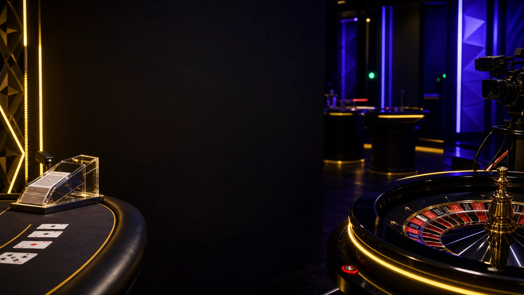 Studio Casino1 avec table de blackjack, roulette live et éclairage jaune violet